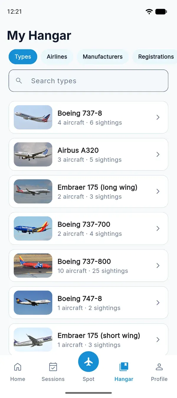 My Hangar screen listing aircraft types with counts of aircraft and sightings